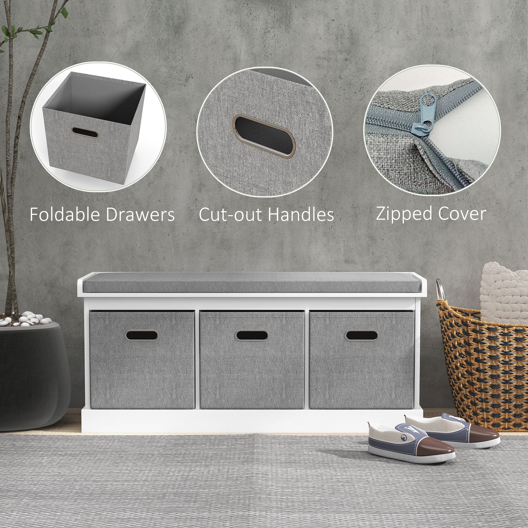 HOMCOM Three-Drawer Shoe Storage Bench, with Padded Top Seat - White 