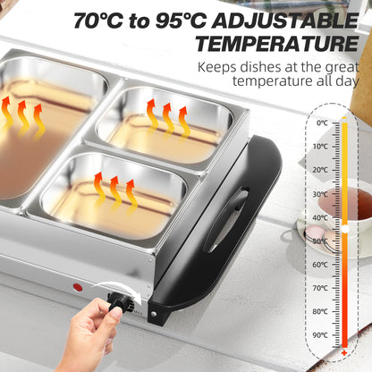 HOMCOM 4.5L Stainless Steel Electric Buffet Server, with 3x Trays and Lids 