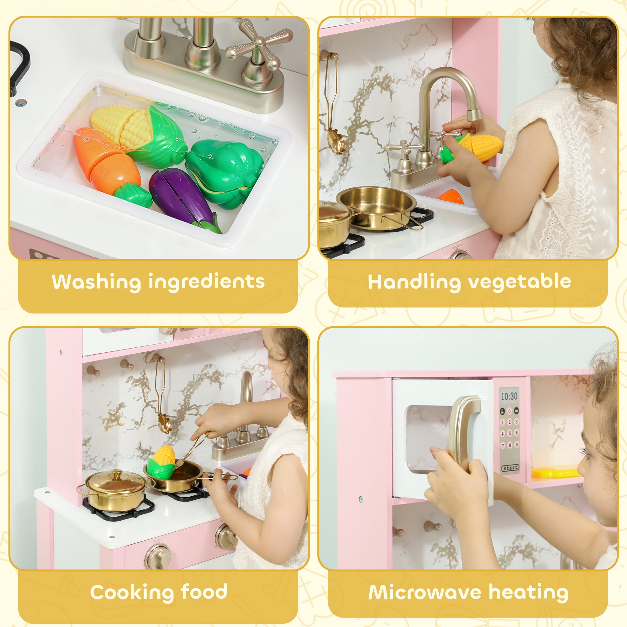AIYAPLAY Kitchen Playset with Pretend Play Cooking Accessories, Play Kitchen with Oven, Microwave and Sink, Pink 