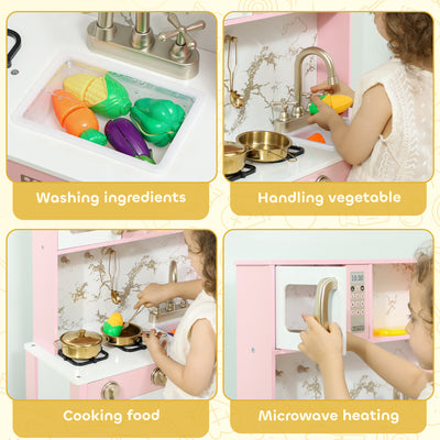 AIYAPLAY Kitchen Playset with Pretend Play Cooking Accessories, Play Kitchen with Oven, Microwave and Sink, Pink 