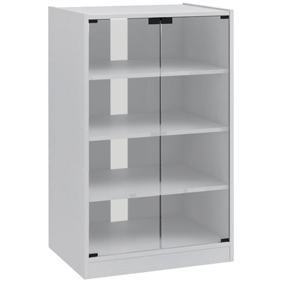 HOMCOM 4-Tier Hi-Fi Stand, Record Player Stand with Adjustable Shelves and Push-to-Open Glass Doors, White Wood-Effect