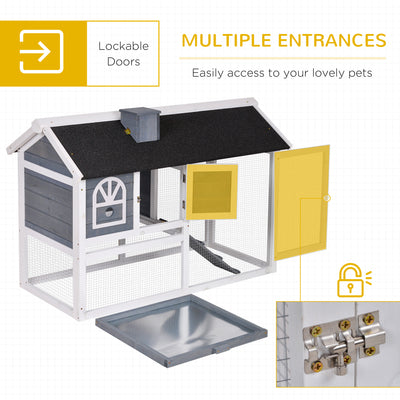 PawHut Wooden Rabbit Hutch and Run with Sliding Tray, Ramp, Water-resistant Roof, for 2-4 Rabbits, Grey 