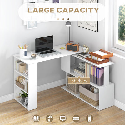 HOMCOM Corner Computer Desk, L Shaped Desk with 360° Rotating Bookshelf, 120L x 110W x 74.5H cm, White 