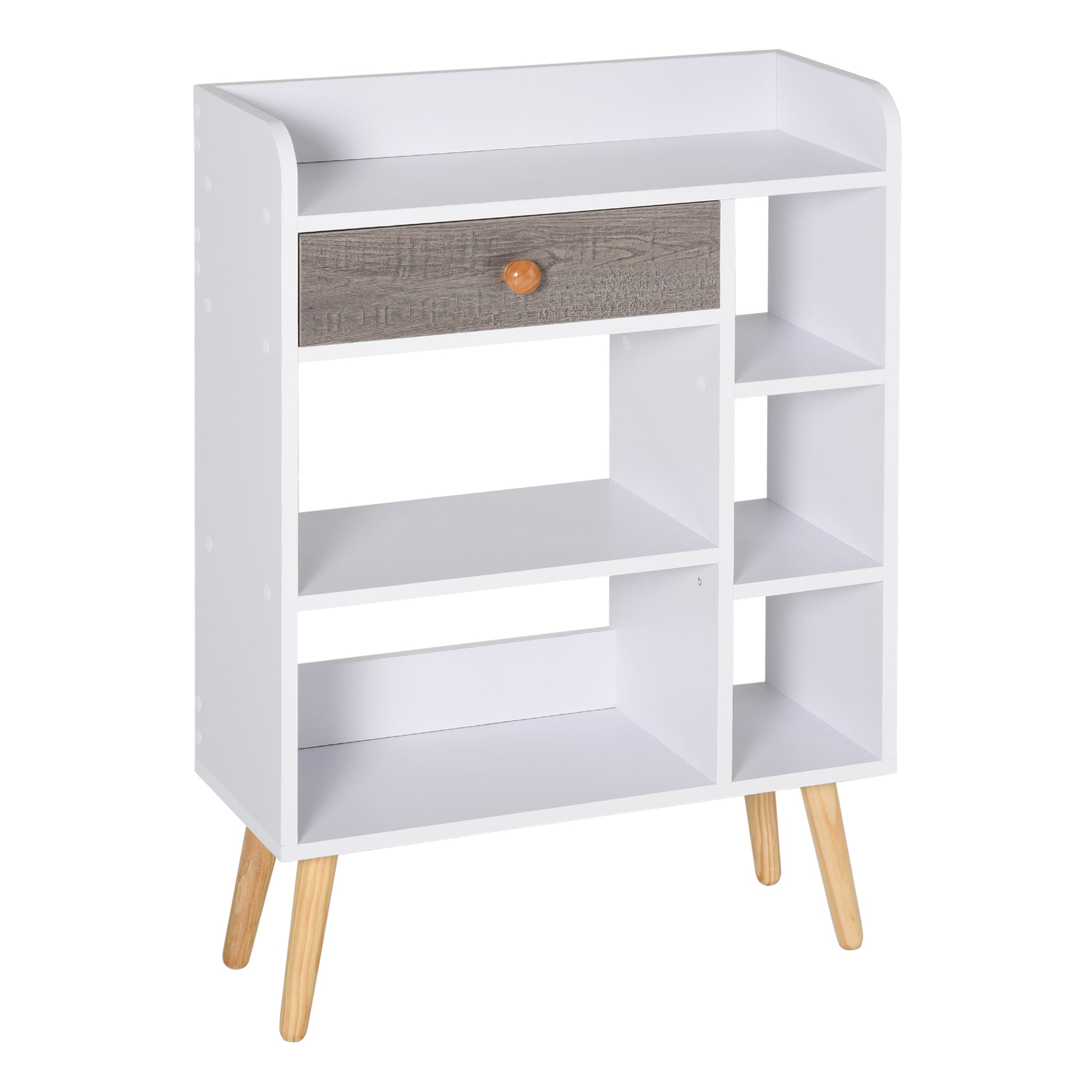 HOMCOM Bookcase, Freestanding Book Shelf with Storage Drawer, 6 Shelves and Wood Legs for Home Office Display, White and Grey, 24D x 60W x 86.8H cm 