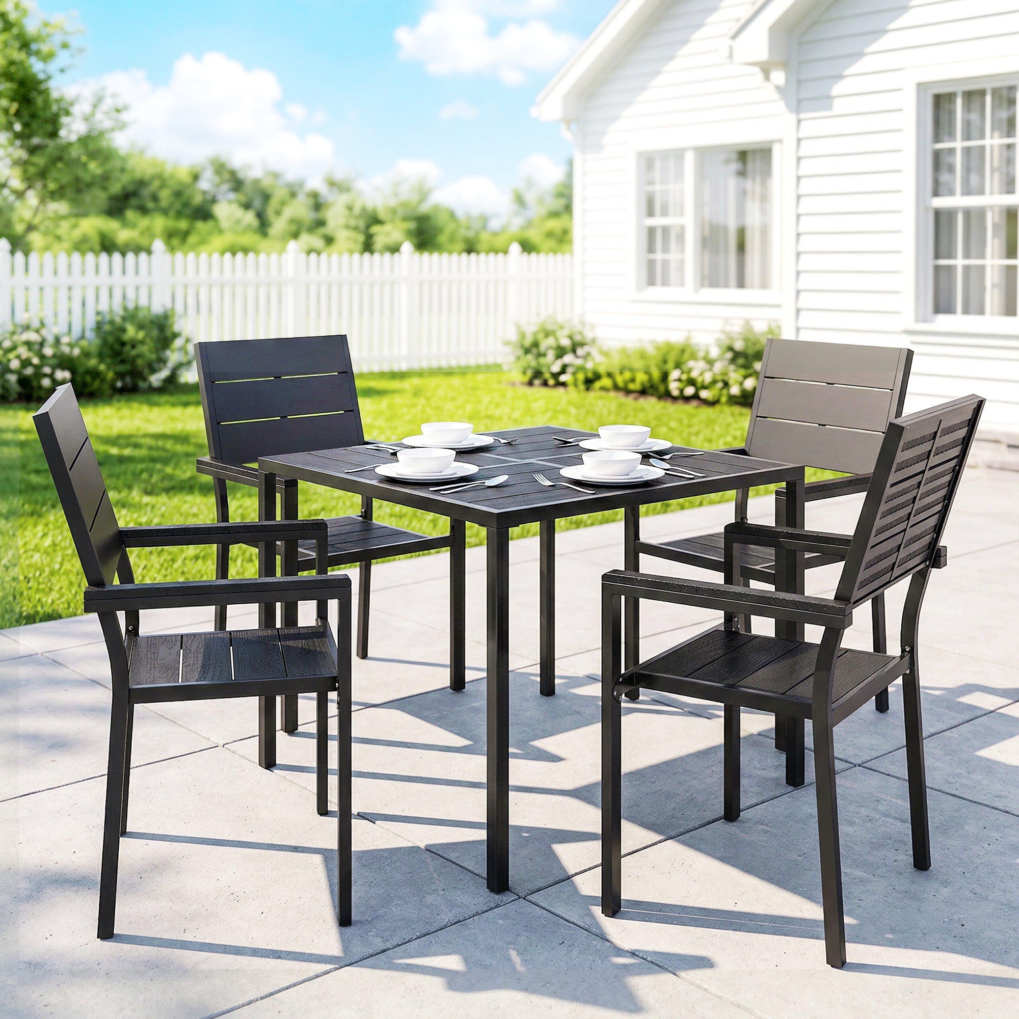 Outsunny 5 Pieces Garden Dining Set, Garden Table and Chairs Set for 4 with Square HDPE Table and Chairs with Armrests, Black 