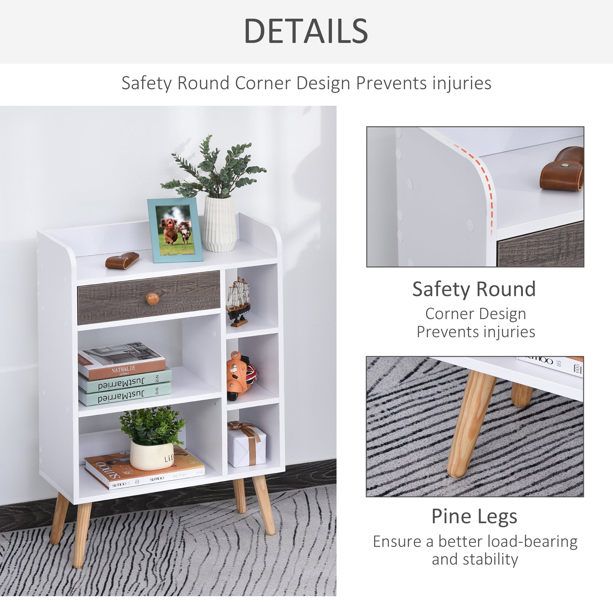HOMCOM Bookcase, Freestanding Book Shelf with Storage Drawer, 6 Shelves and Wood Legs for Home Office Display, White and Grey, 24D x 60W x 86.8H cm 