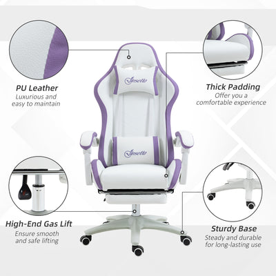Vinsetto Computer Gaming Chair, PU Leather Desk Chair with Footrest, Swivel Task Chair with 135\'c2\'b0 Reclining Back and Lumbar Support, PC Chair for Adults, White and Purple 