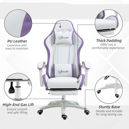 Vinsetto Computer Gaming Chair, PU Leather Desk Chair with Footrest, Swivel Task Chair with 135\'c2\'b0 Reclining Back and Lumbar Support, PC Chair for Adults, White and Purple