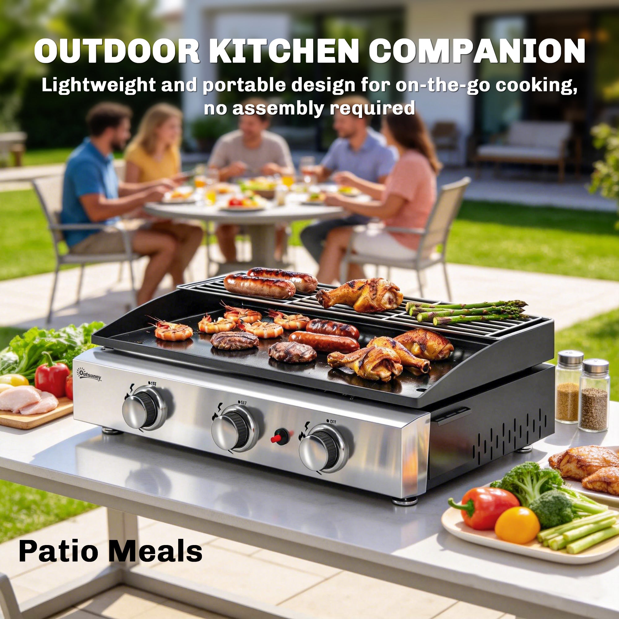 Outsunny 3 Burner Grill Griddle, Portable Gas Plancha with Warming Rack, 7.5 kW, Tabletop Gas BBQ with Grease Cup, Black 