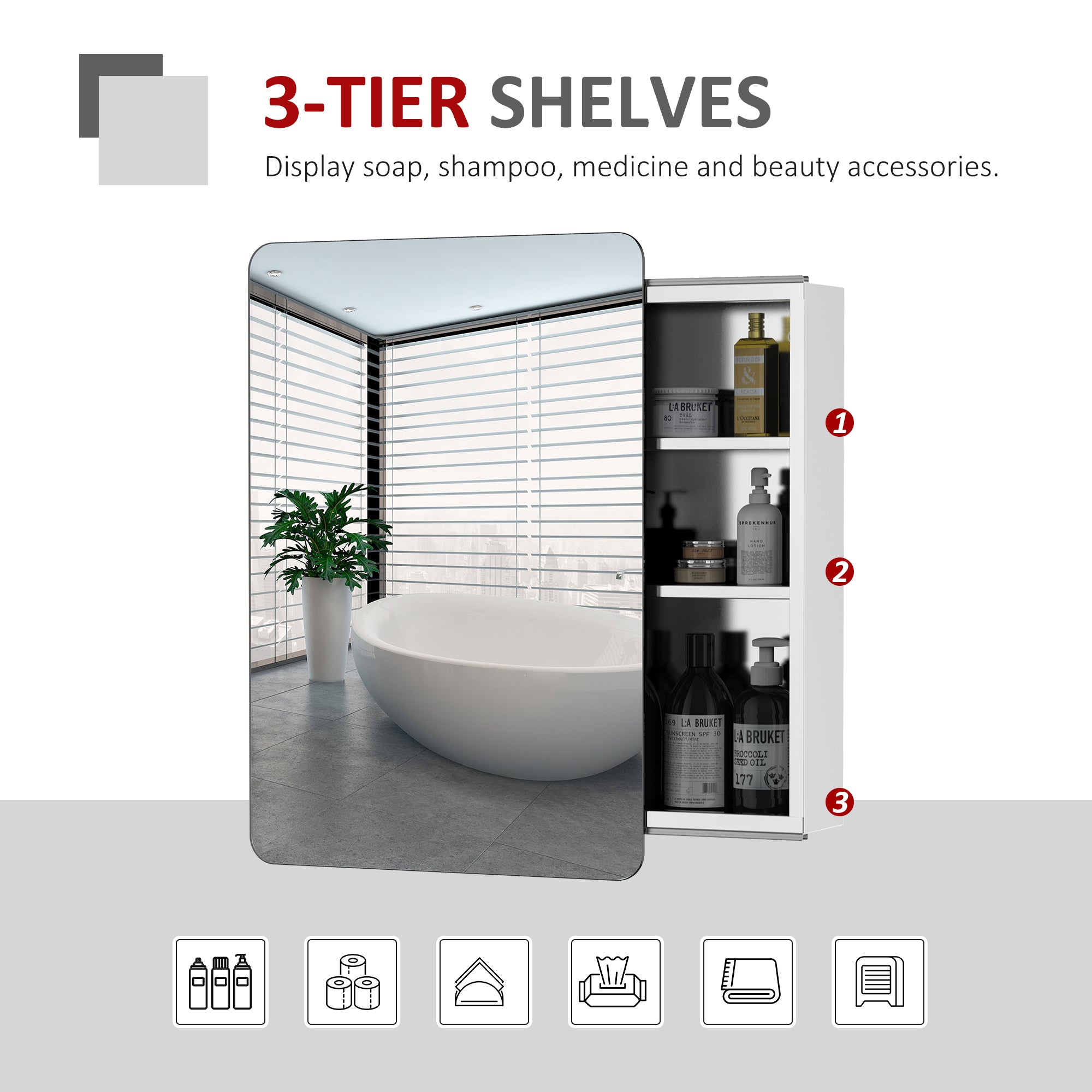 kleankin Bathroom Storage Cabinet w/Sliding Mirror Door, Wall Mounted Bathroom Cabinet with 3 Shelves, Stainless Steel Frame, 46W x 66H cm 