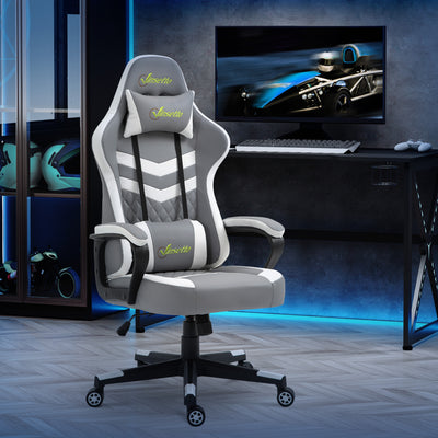 Vinsetto Gaming Chair, Computer Desk Chair with Lumbar Support, Faux Leather Racing Chair with Headrest and Swivel Wheels for Home Office, Grey White 