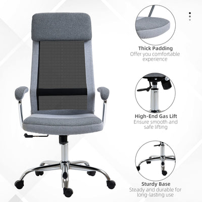 Vinsetto Office Chair, Ergonomic Desk Chair, High Back Computer Chair with Adjustable Height, Swivel Rolling Wheels, Mesh Back and Linen-Feel Fabric Seat for Home and Study, Grey 