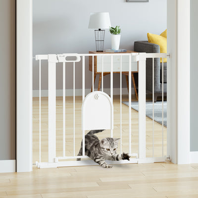 PawHut Dog Gate with Cat Flap Pet Safety Gate Barrier, Stair Pressure Fit, Auto Close, Double Locking, for Doorways, Hallways, 75-103 cm White 