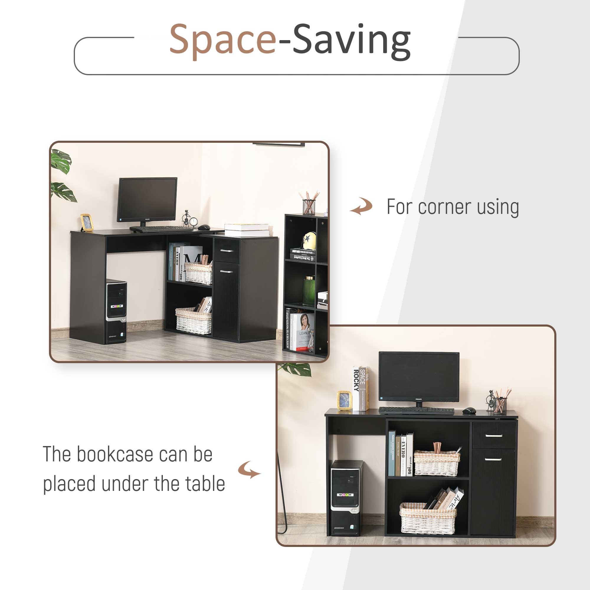 HOMCOM L-Shaped Desk, Corner Computer Desk, Adjustable Study Table with Storage Shelf, Drawer and Cabinet, Workstation for Home Office, Black Wood Grain 