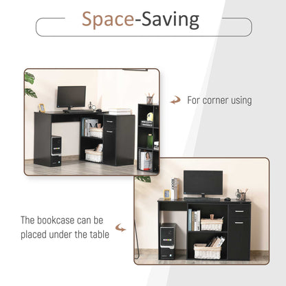 HOMCOM L-Shaped Desk, Corner Computer Desk, Adjustable Study Table with Storage Shelf, Drawer and Cabinet, Workstation for Home Office, Black Wood Grain 
