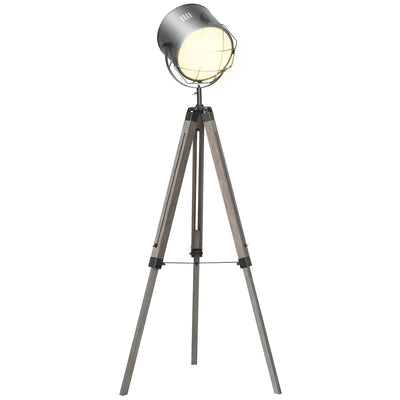 HOMCOM Floor Lamp with Adjustable Tripod for Living Room Bedroom, Vintage Spotlight Reading Lamp with Wood Legs, 115-155cm, Grey 