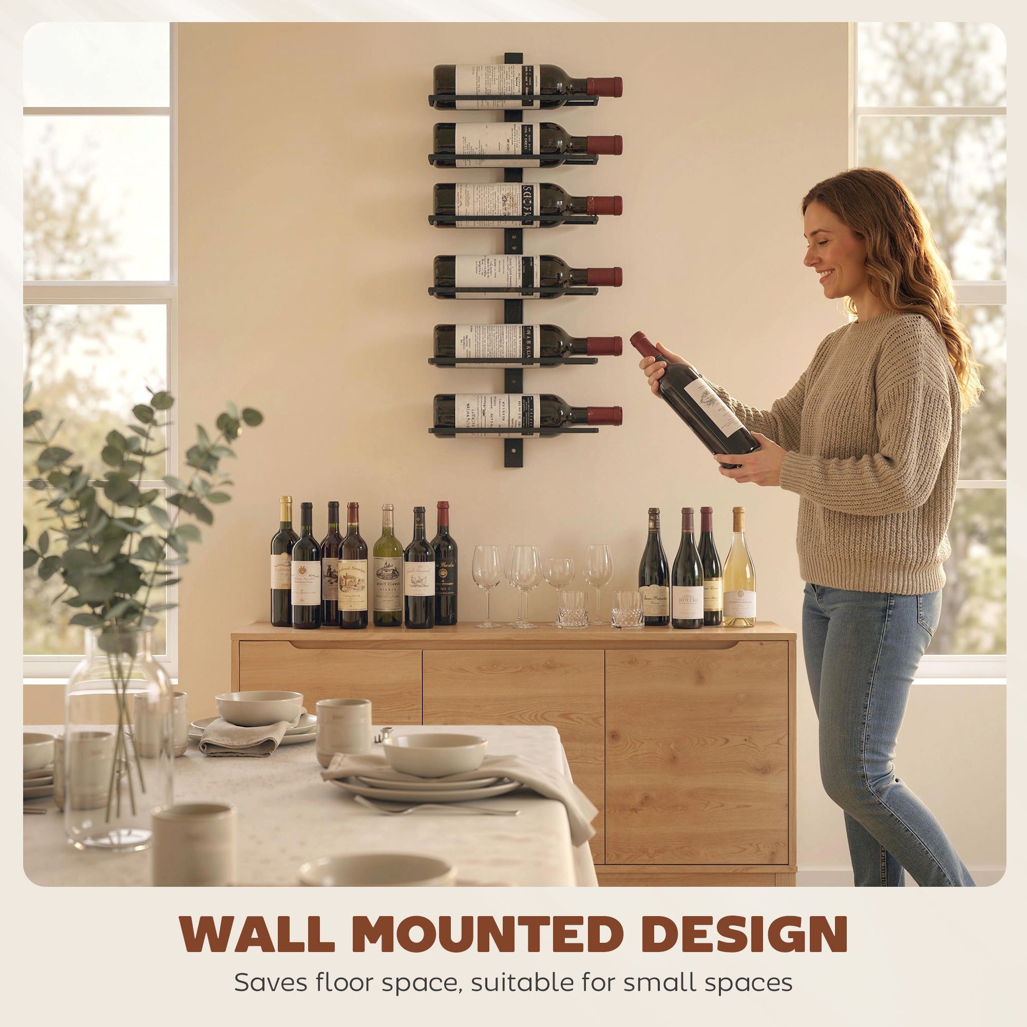 HOMCOM Wall Mounted Wine Rack, 6 Tier Metal Wine Display Rack, Storage Holder for Kitchen, Black 