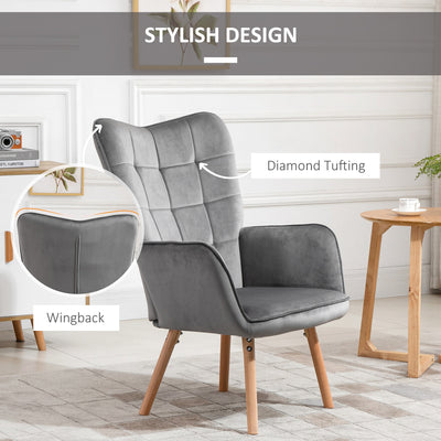 HOMCOM Modern Accent Chair Velvet-Touch Tufted Wingback Armchair Upholstered Leisure Lounge Sofa Club Chair with Wood Legs, Set of 2, Grey 