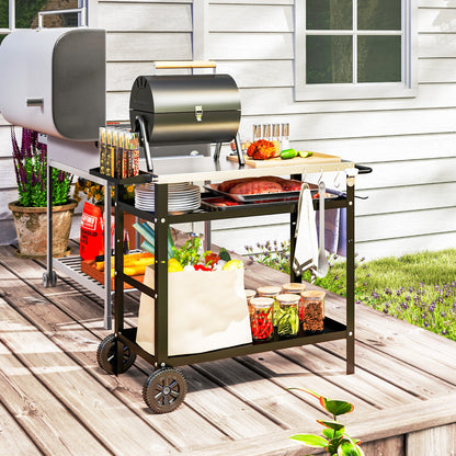 Outsunny BBQ Trolley with Stainless Steel Top Adjustable Shelf, Outdoor Kitchen BBQ Station with Hooks Seasoning Tray Towel Rack, Pizza Oven Table Movable Outdoor Grill Dining Cart with Cover, Black 