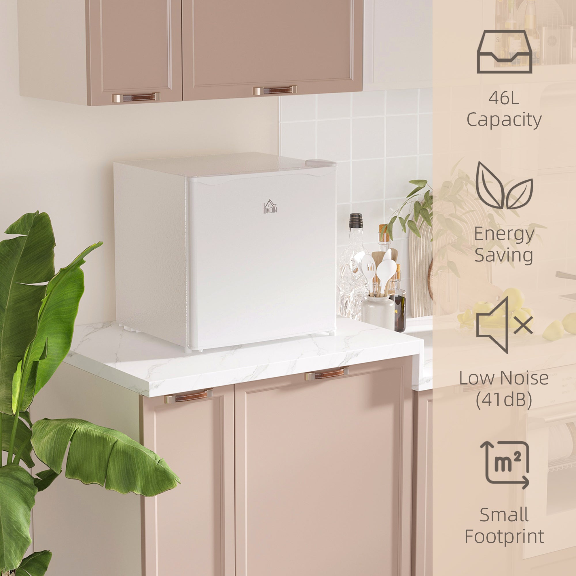 HOMCOM 46 Litre Table Top Mini Fridge, Small Fridge with Ice Box, Reversible Door, Adjustable Temperature and Legs for Bedrooms, Home Office, Cream