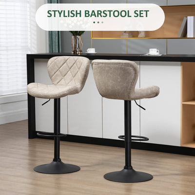 HOMCOM Bar Stools, Set of 2 Breakfast Bar Chairs, Swivel Barstools with Backrest and Footrest, Steel Frame Diamond Pattern PU, for Kitchen Counter, Dining Room, Light Khaki 