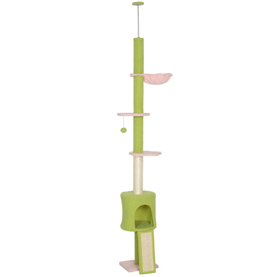 PawHut 220-240 cm Floor to Ceiling Cat Tree Adjustable Height with Hammock, Condo, Scratching Posts, Green 