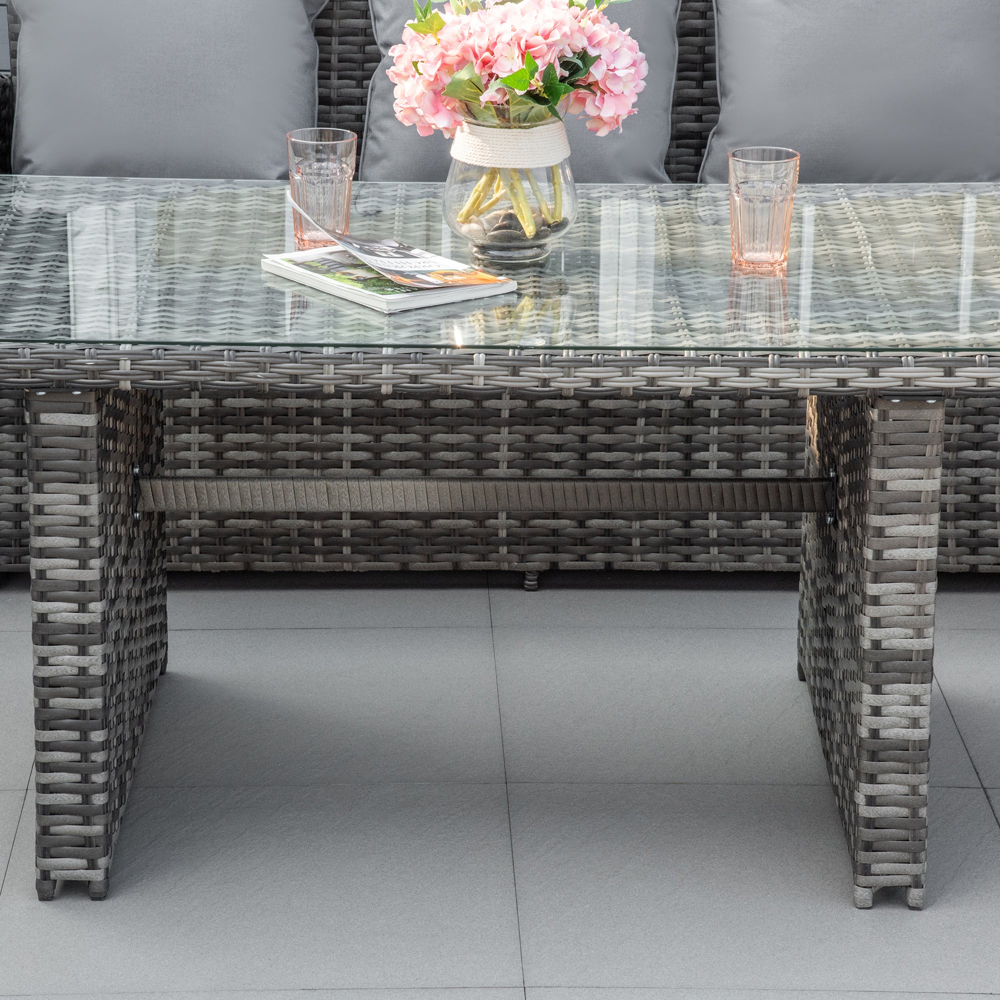 Outsunny 3 PCS PE Rattan Corner Dining Set Outdoor Garden Patio Sofa Table Furniture Set w/ Cushions Grey 
