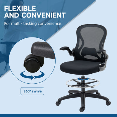 Vinsetto Adjustable Mesh Standing Desk Chair with Flip-up Armrests Lumbar Support Armrests Adjustable Footrest Ring Black 