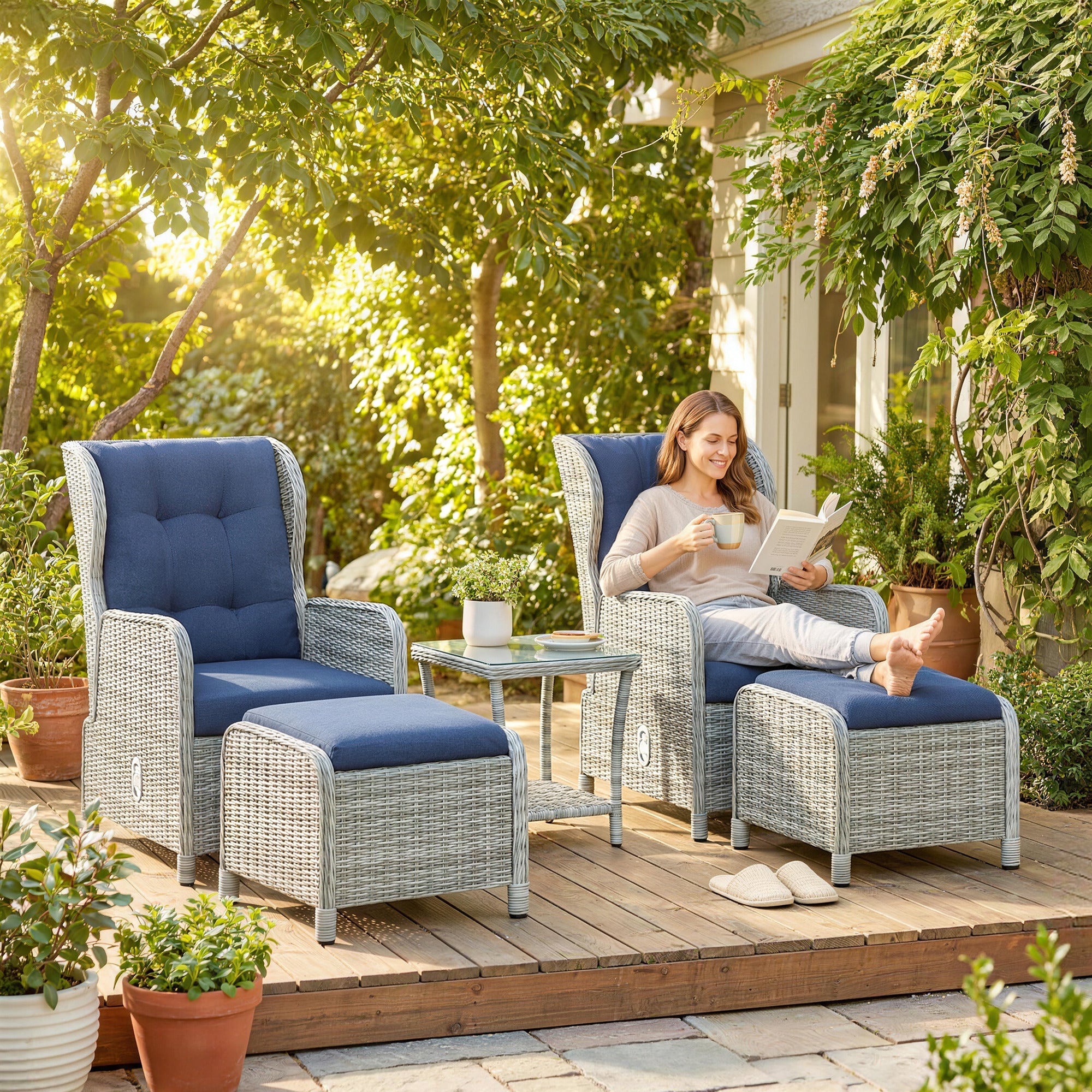 Outsunny 5 Piece Garden Furniture Set, Rattan Reclining Garden Chair Set of 2 with Footstool and Cushion for Balcony, Dark Blue 