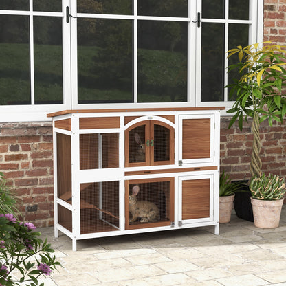 PawHut Two-Tier Wooden Pet Hutch with Openable Roof, Slide-Out Tray 