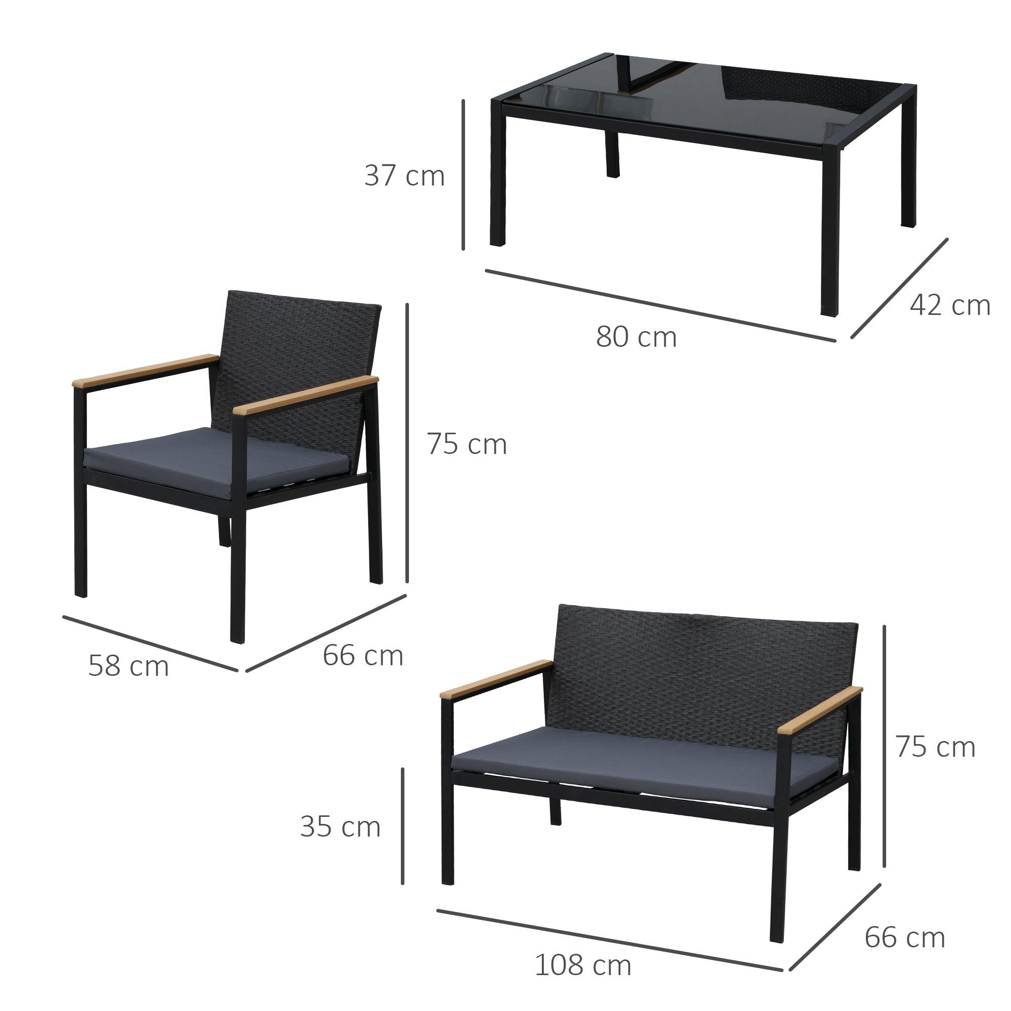 Outsunny 4 Pieces Rattan Garden Furniture Set, 4 Seater Garden Sofa Set with Loveseat, 2 Armchairs and Glass Top Coffee Table, Wicker Outdoor Conservatory Furniture with Cushions for Patio, Black 