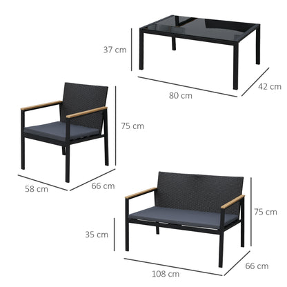 Outsunny 4 Pieces Rattan Garden Furniture Set, 4 Seater Garden Sofa Set with Loveseat, 2 Armchairs and Glass Top Coffee Table, Wicker Outdoor Conservatory Furniture with Cushions for Patio, Black 