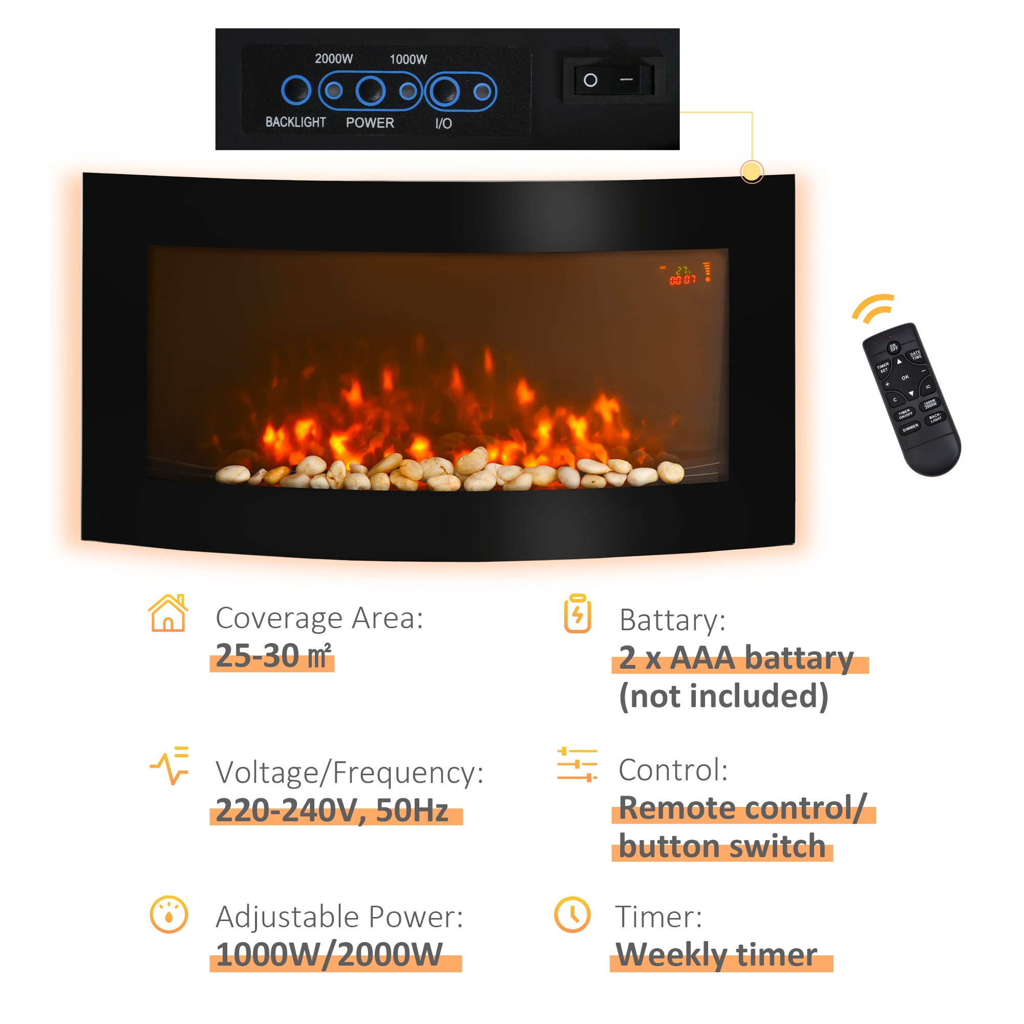 HOMCOM Led Wall Mounted Fireplace Curved Glass Electric Fire Place Fire Place 7 Colour Side Lights Slimline, 1000/2000W, 89.2cm x 48cm 