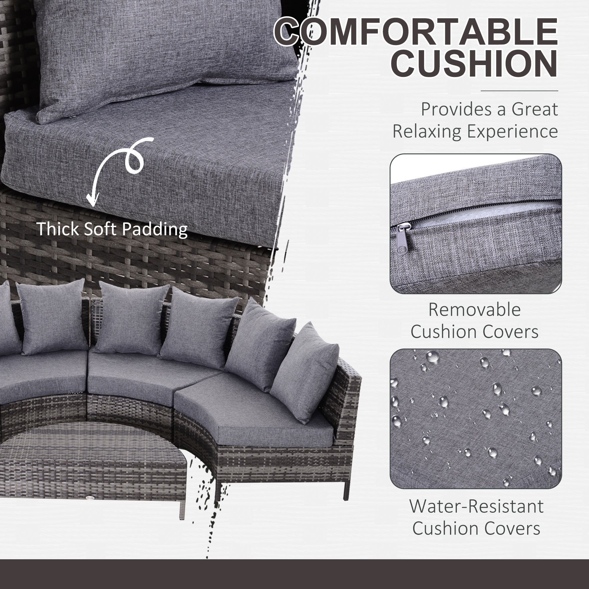 Outsunny 5 Pieces Rattan Garden Furniture Set, 4 Seater Half-Round Garden Sofa Set with Thickened Cushions, Wicker Conservatory Furniture with 4 Chairs, Rattan Coffee Table and Pillows, Grey 