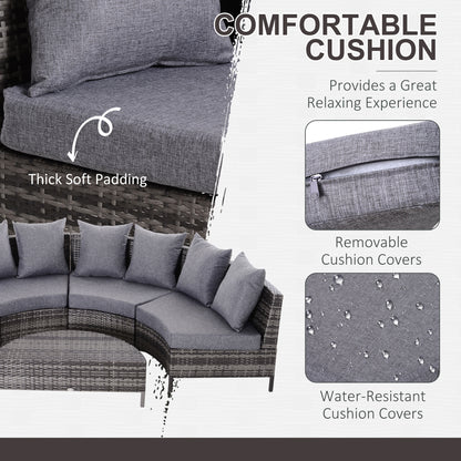 Outsunny 5 Pieces Rattan Garden Furniture Set, 4 Seater Half-Round Garden Sofa Set with Thickened Cushions, Wicker Conservatory Furniture with 4 Chairs, Rattan Coffee Table and Pillows, Grey 