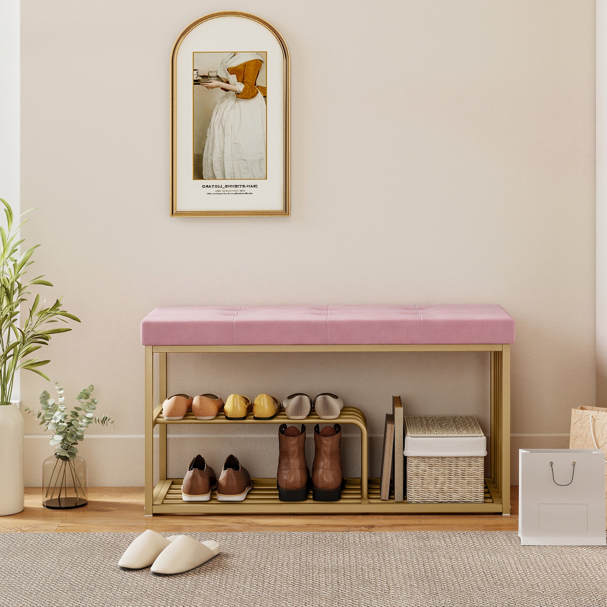 HOMCOM Bench and Shoe Storage, Tufted Shoe Storage Bench with Velvet Seat Cushion Gold Steel Frame for Entryway, Pink 