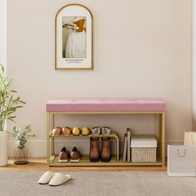 HOMCOM Bench and Shoe Storage, Tufted Shoe Storage Bench with Velvet Seat Cushion Gold Steel Frame for Entryway, Pink 