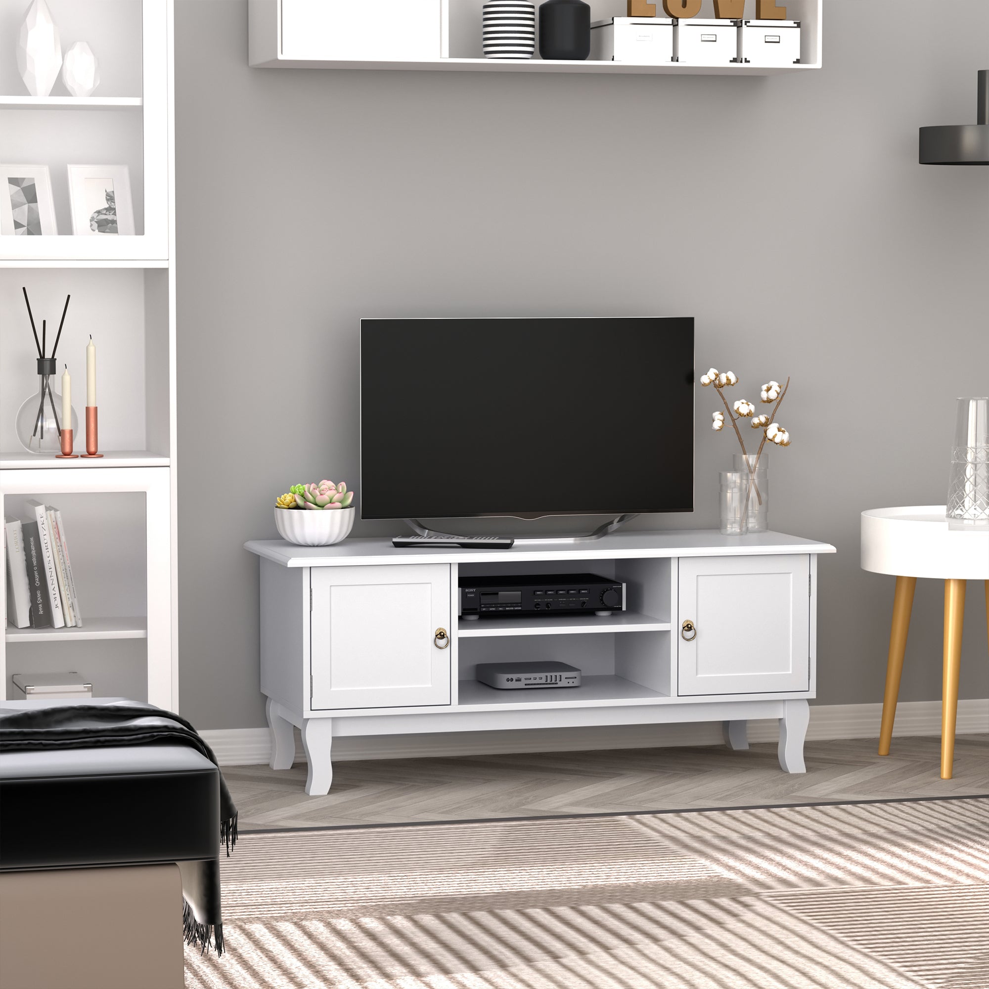 HOMCOM TV Stand for TV up to 55", 2 Doors TV Cabinet with Open Storage Shelves and Cable Management, TV Table Unit for Living Room Bedroom Entertainment Room, 120L x 45W x 50.5H, White 