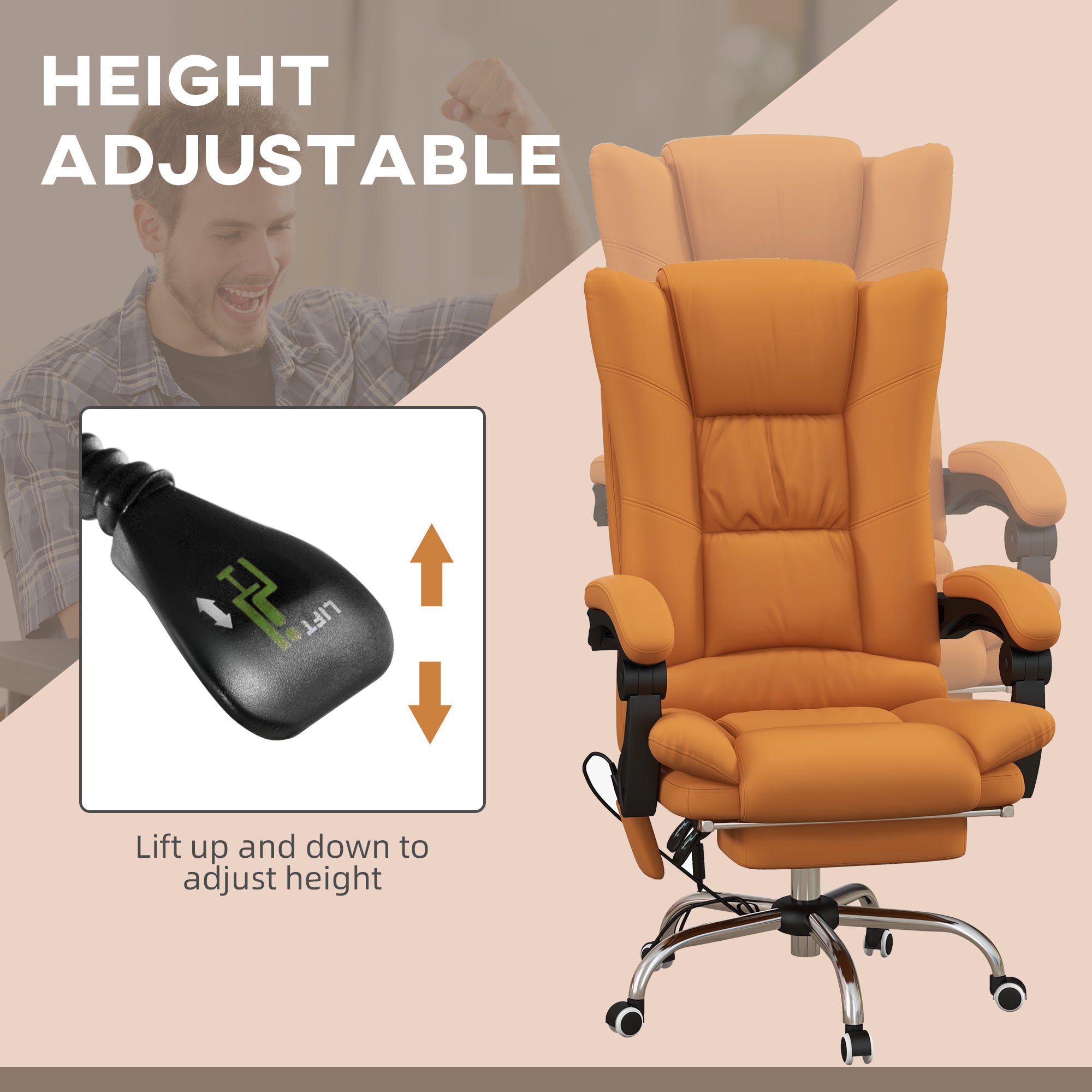 Vinsetto High Back Vibration Massage Office Chair, Heated Reclining PU Leather Computer Chair with 135\'c2\'b0 Reclining Back and Footrest, Light Brown