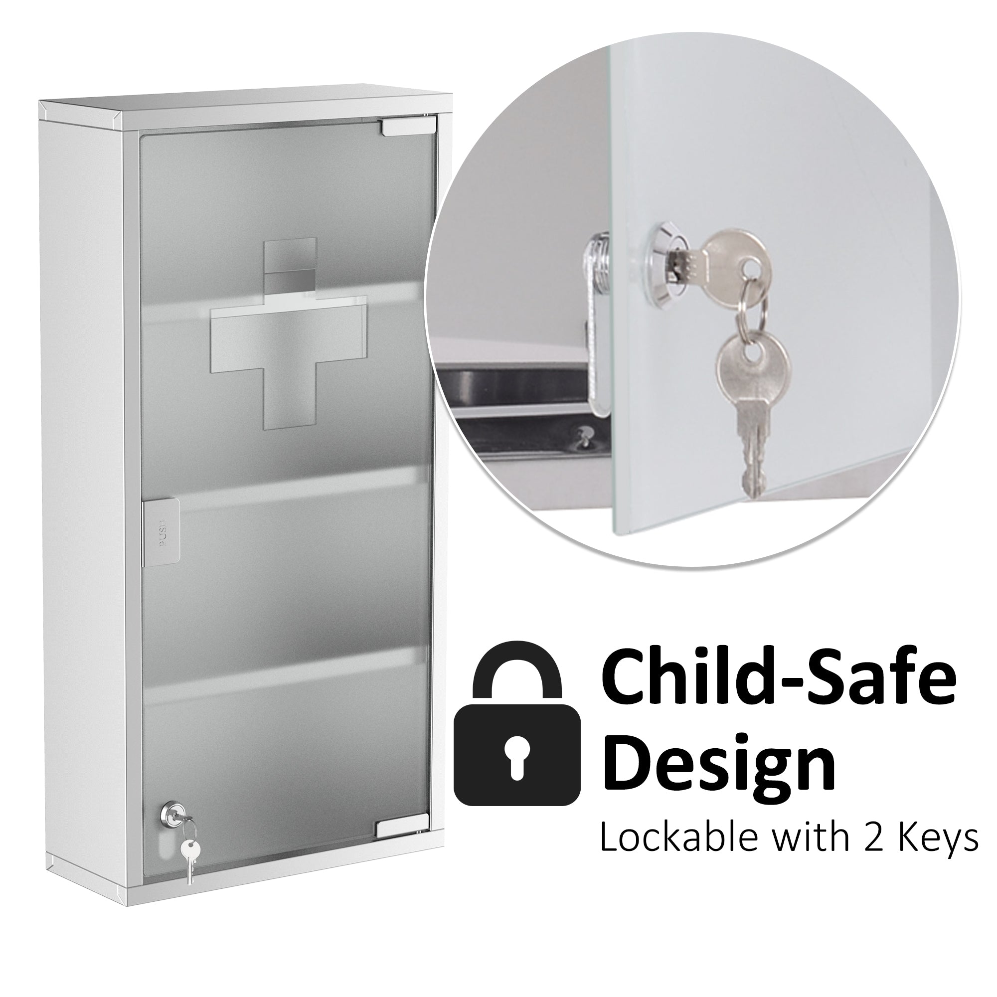 HOMCOM 4 Tier Stainless Steel Wall Mounted Medicine Cabinet Glass Lockable Door Storage Shelves Houseware Bathroom Furniture 60Hx30Wx12D(cm) w/2 Keys 