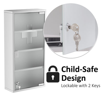 HOMCOM 4 Tier Stainless Steel Wall Mounted Medicine Cabinet Glass Lockable Door Storage Shelves Houseware Bathroom Furniture 60Hx30Wx12D(cm) w/2 Keys 