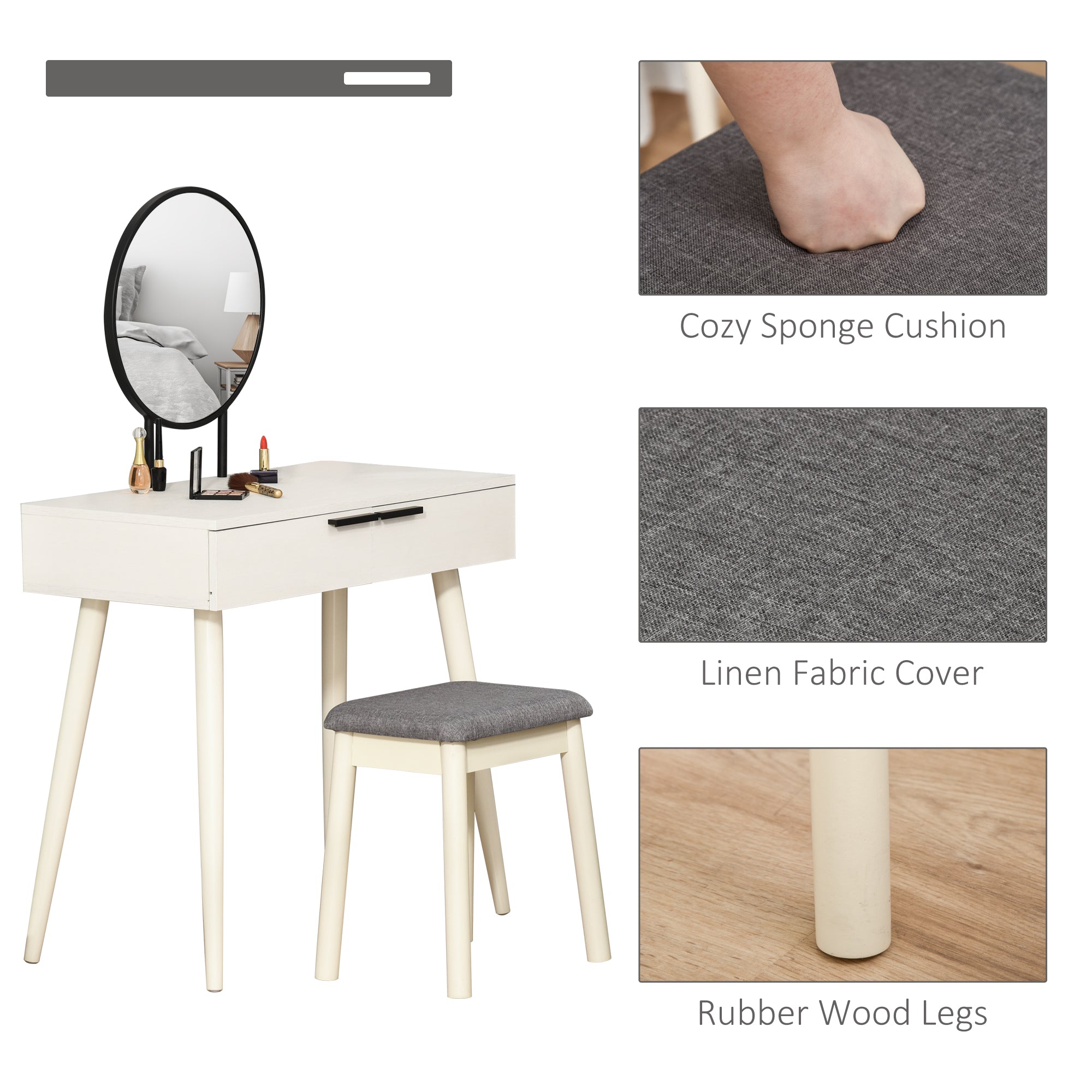 HOMCOM Dressing Table with Mirror and Stool, Vanity Makeup Desk Set with 2 Drawers, Cushioned Stool and Make-up Organizer for Bedroom and Dressing Room, White 