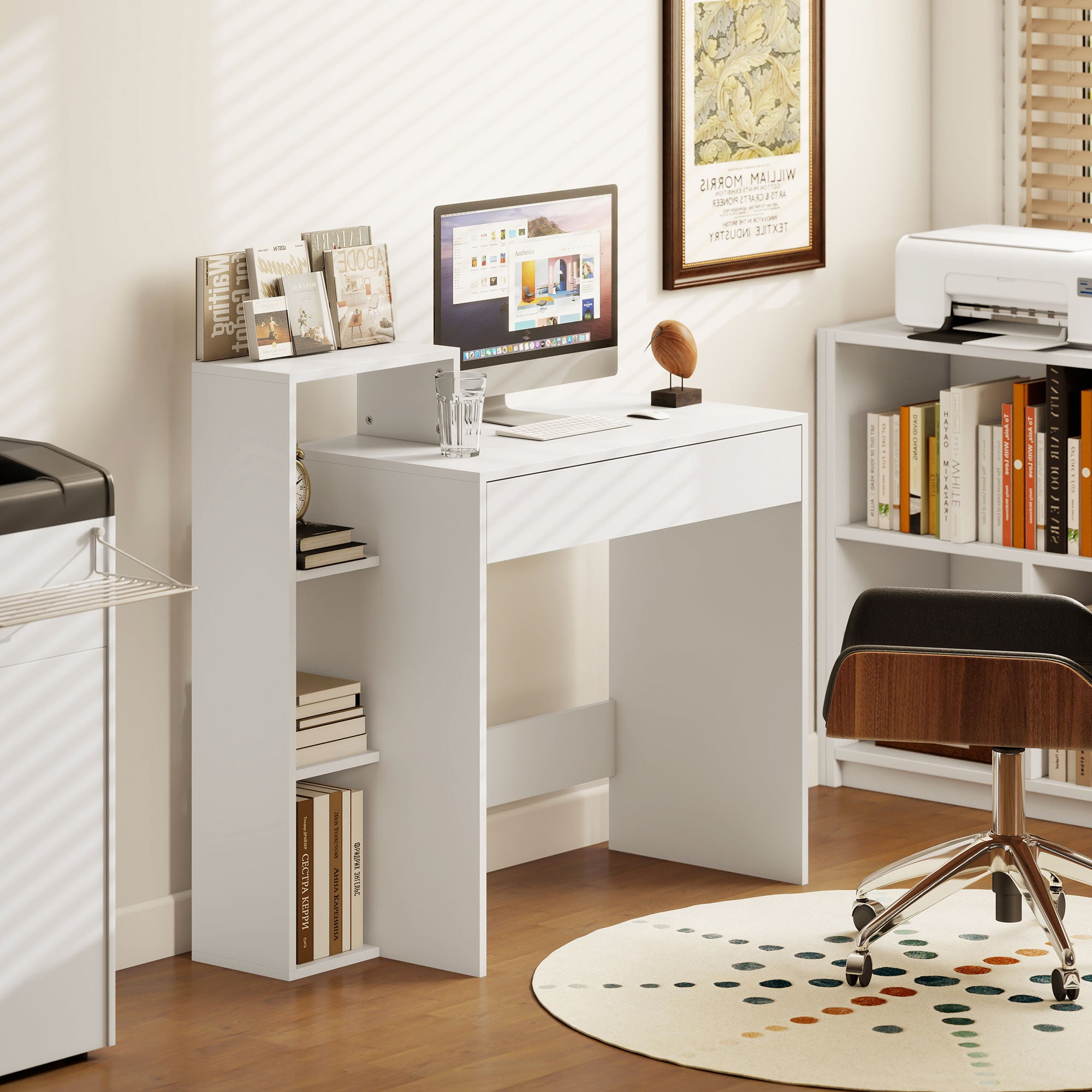 HOMCOM Desk with Storage, Computer Desk with 3 Open Shelves and Drawer, Workstation, Computer Table, White 