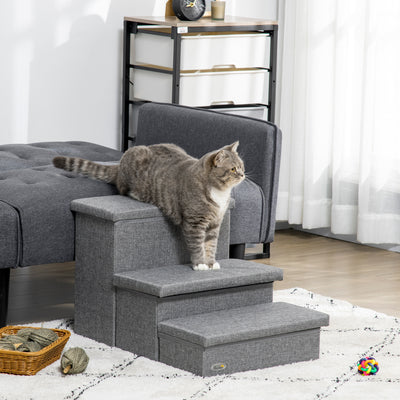 PawHut 3 Steps Pet Stairs, with Storage Boxes, for Bed, Couches - Grey 