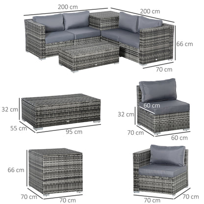 Outsunny 6PC Rattan Corner Sofa Set Wicker 4 Seater Garden Storage Coffee Table Conversation Ottoman Outdoor Weave Furniture w/ Cushion Grey 