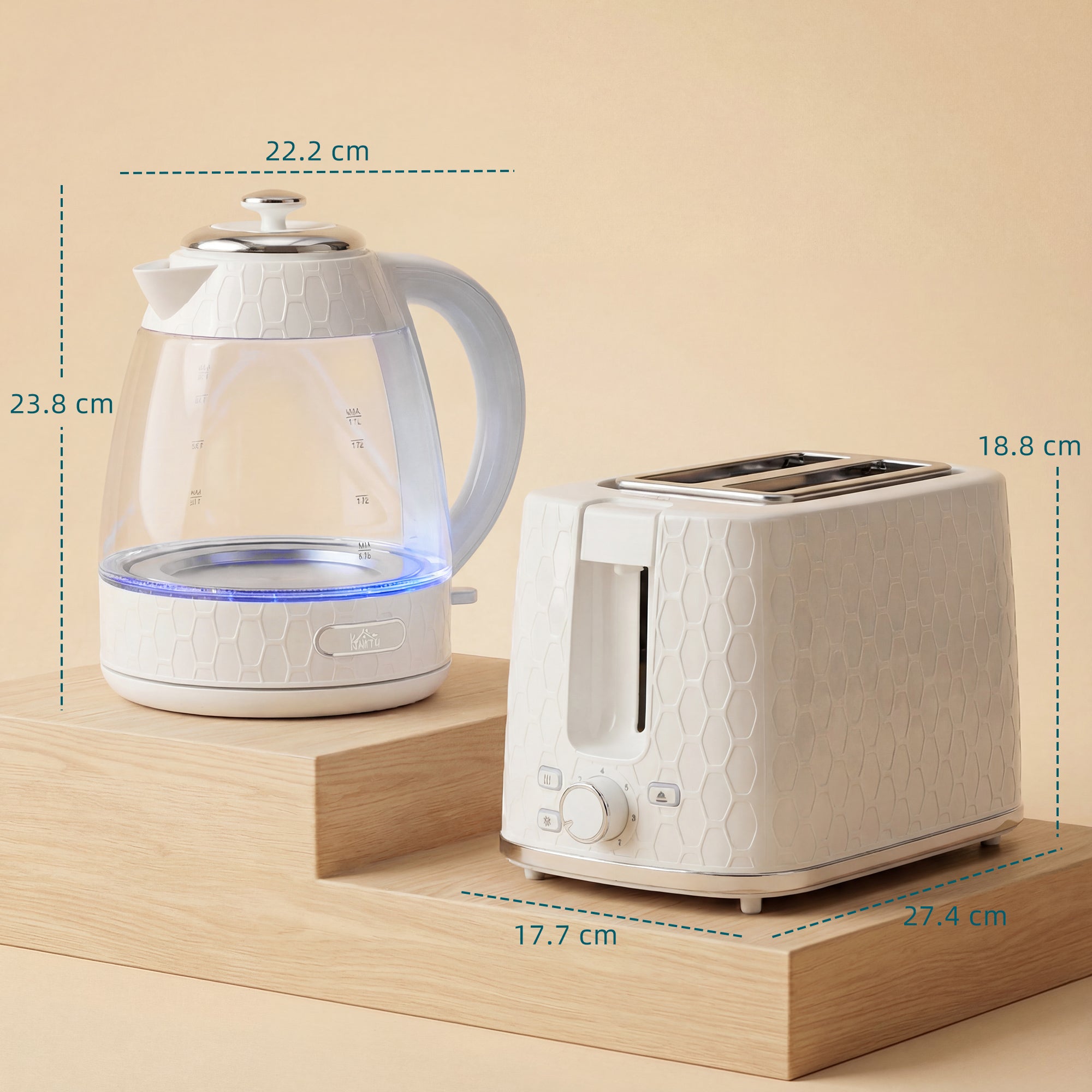 HOMCOM Kettle and Toaster Set, 1.7L 3000W Rapid Kettle with Limescale Filter, 2 Slice Toaster with 7 Browning Controls, Cream 
