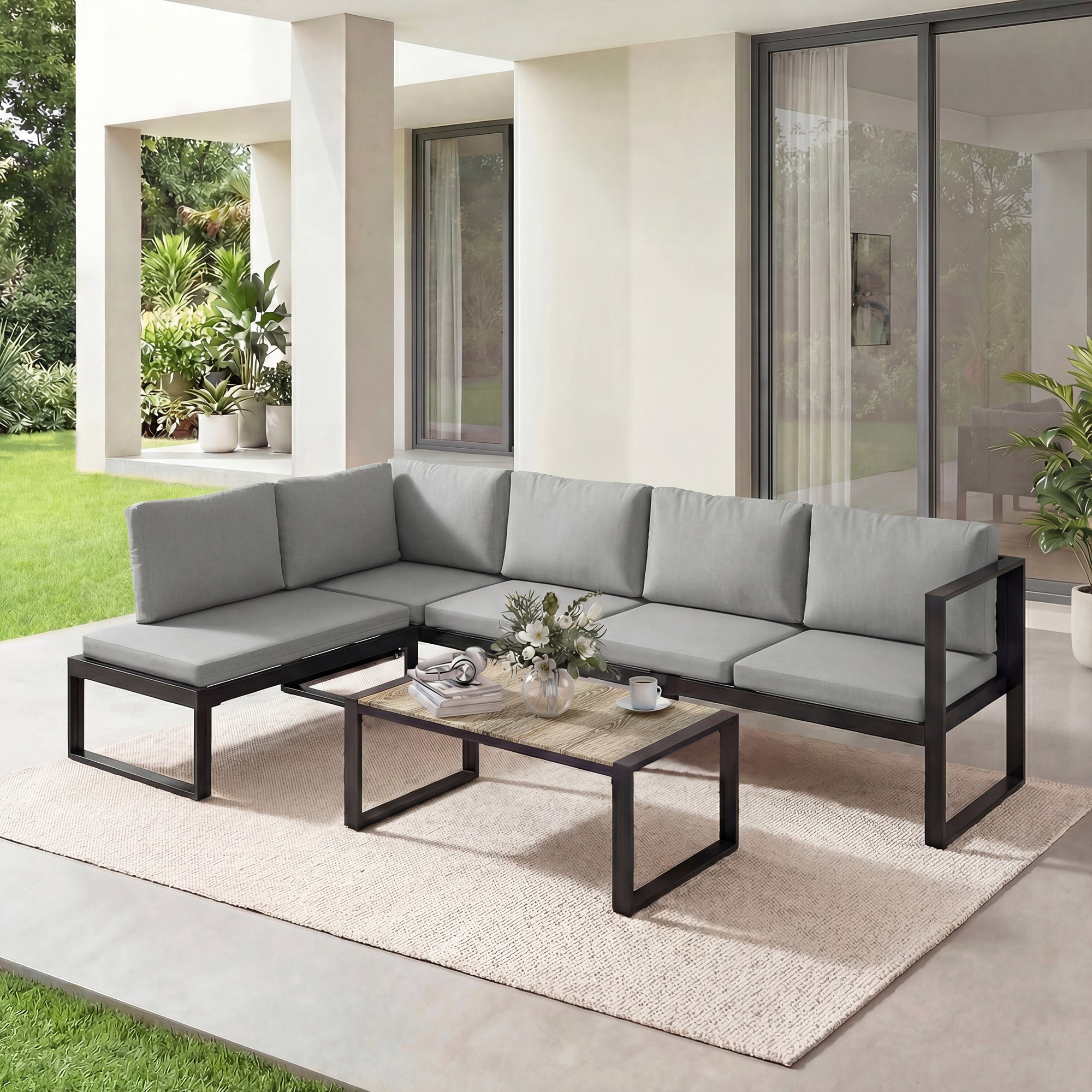 Outsunny 4 Piece Garden Furniture Set, Garden Sofa Set with 2 Loveseats, Armless Chair, Coffee Table for Balcony, Dark Grey 