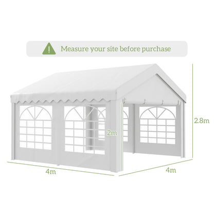 Outsunny 4m x 4m Marquee Party Tent Wedding Canopy, Pop Up Gazebo with Sidewalls, Doors, Windows, Galvanised Garden Gazebo for Parties Events, White 