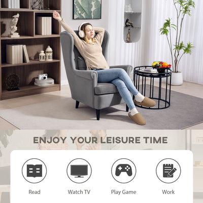 HOMCOM Modern Accent Chair, Upholstered Wingback Armchair with High Backrest and Pillow, Velvet-Feel Fabric Reading Chair with Solid Wood Legs for Living Room, Bedroom, Home Office, Dark Grey 