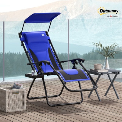 Outsunny Zero Gravity Lounger Chair, Folding Reclining Patio Chair with Shade Cover, Padded Seat, Cup Holder, Soft Cushion and Headrest for Poolside, Camping, Blue 